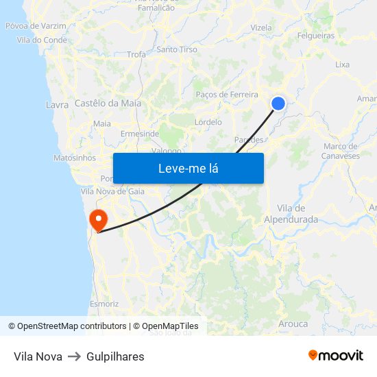 Vila Nova to Gulpilhares map