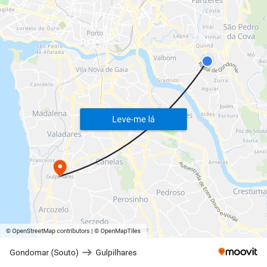Gondomar (Souto) to Gulpilhares map