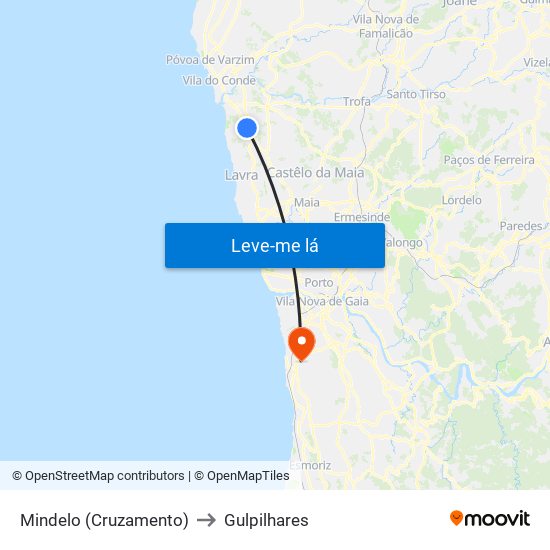 Mindelo (Cruzamento) to Gulpilhares map