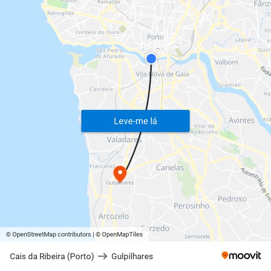 Cais da Ribeira (Porto) to Gulpilhares map