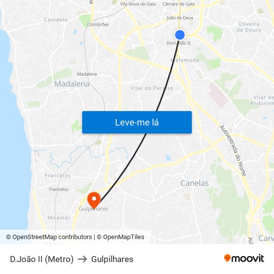 D.João II (Metro) to Gulpilhares map