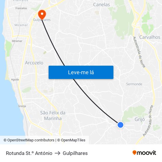 Rotunda St.º António to Gulpilhares map