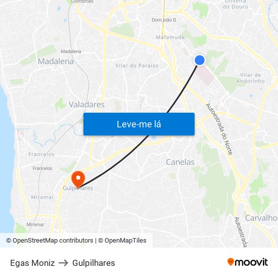 Egas Moniz to Gulpilhares map