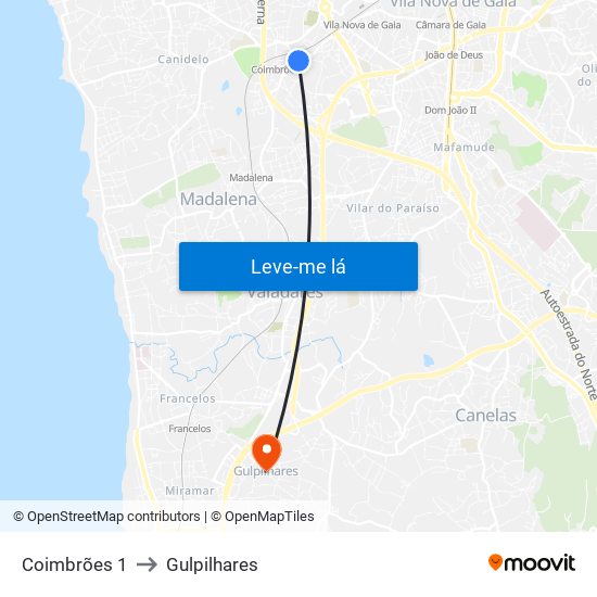 Coimbrões 1 to Gulpilhares map