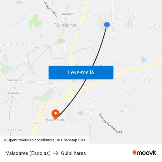 Valadares (Escolas) to Gulpilhares map