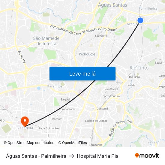 Águas Santas - Palmilheira to Hospital Maria Pia map