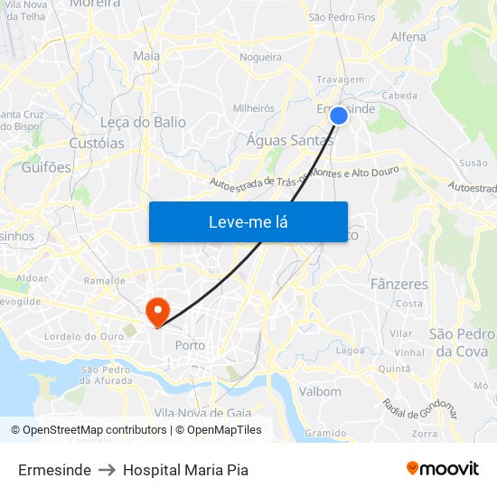 Ermesinde to Hospital Maria Pia map