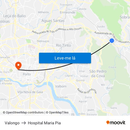 Valongo to Hospital Maria Pia map