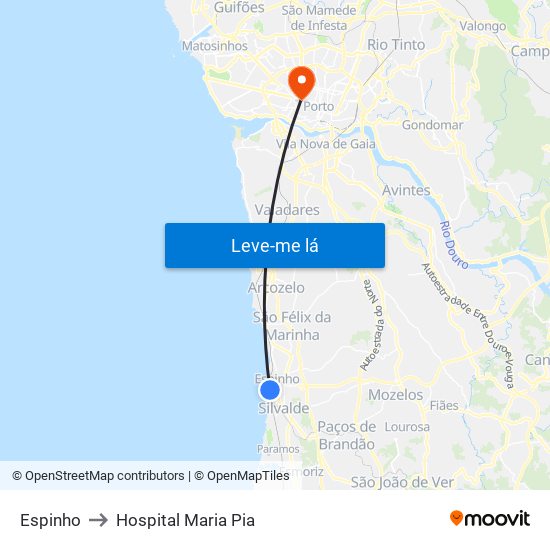 Espinho to Hospital Maria Pia map