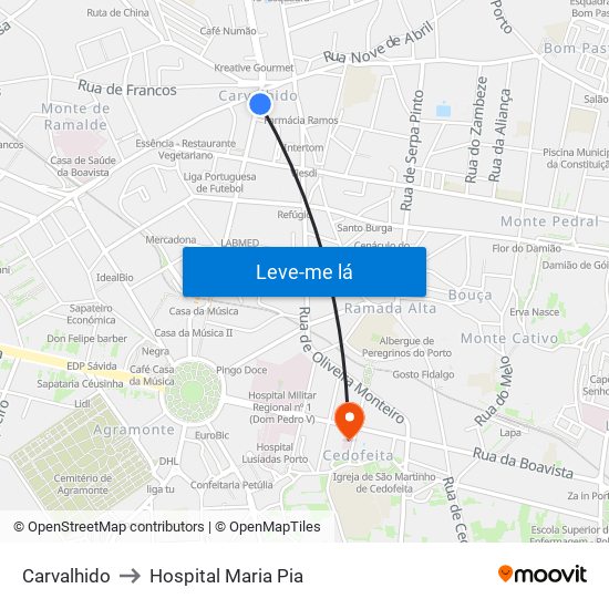 Carvalhido to Hospital Maria Pia map