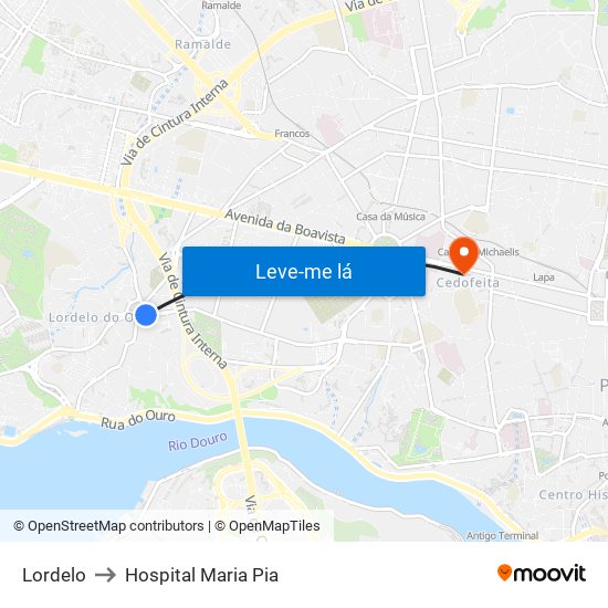 Lordelo to Hospital Maria Pia map