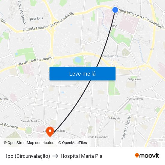 Ipo (Circunvalação) to Hospital Maria Pia map