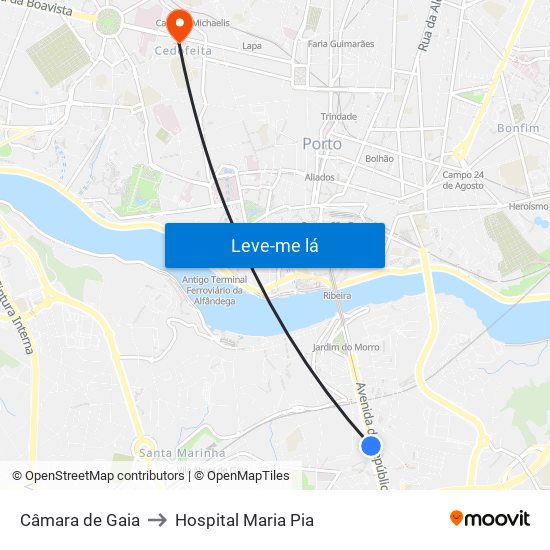 Câmara de Gaia to Hospital Maria Pia map