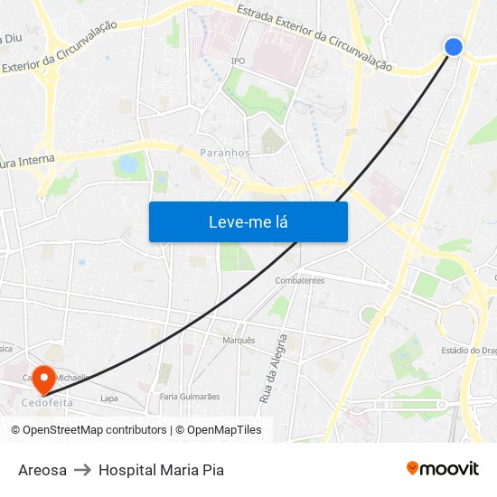 Areosa to Hospital Maria Pia map