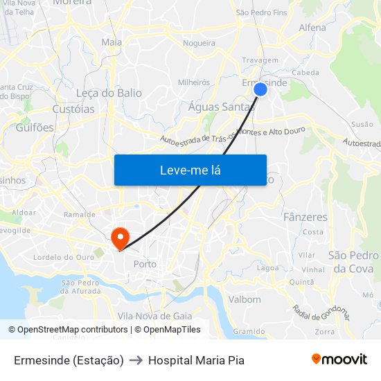 Ermesinde (Estação) to Hospital Maria Pia map