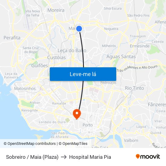 Sobreiro / Maia (Plaza) to Hospital Maria Pia map