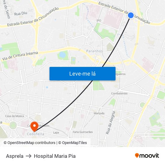 Asprela to Hospital Maria Pia map