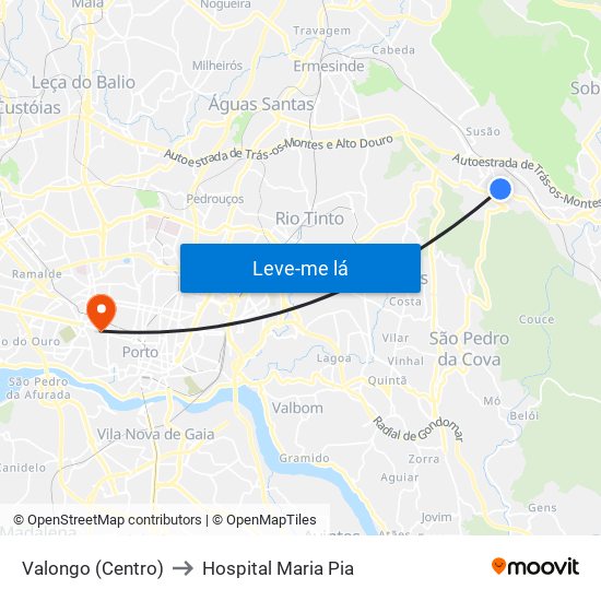 Valongo (Centro) to Hospital Maria Pia map