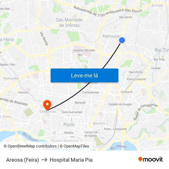 Areosa (Feira) to Hospital Maria Pia map