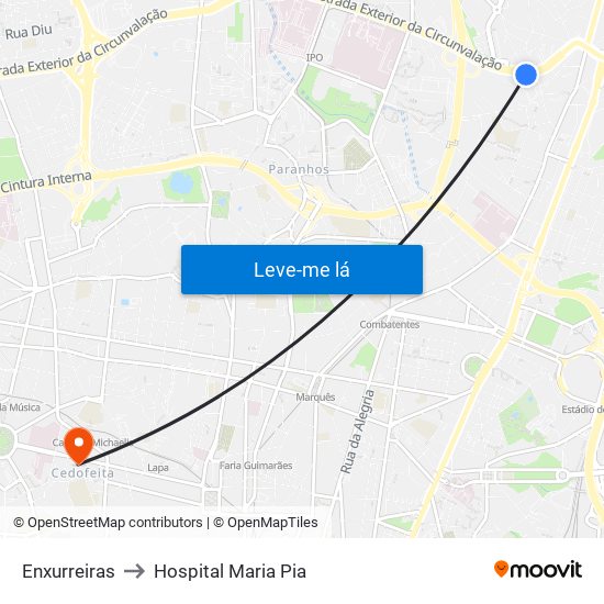 Enxurreiras to Hospital Maria Pia map