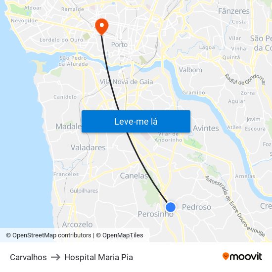 Carvalhos to Hospital Maria Pia map