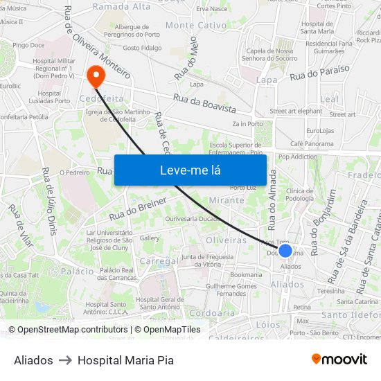 Aliados to Hospital Maria Pia map