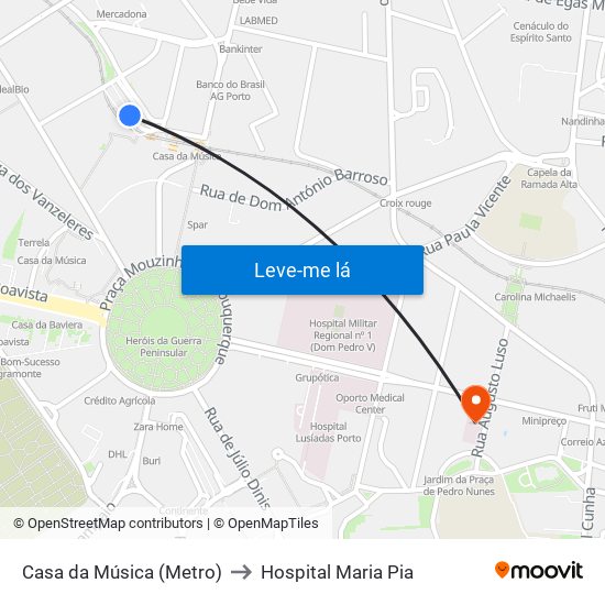 Casa da Música (Metro) to Hospital Maria Pia map