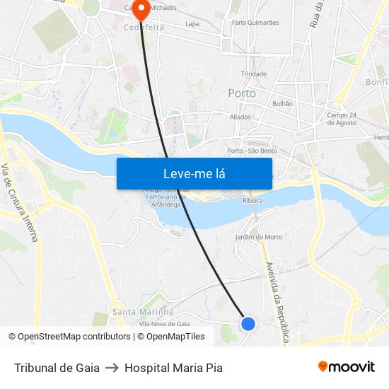 Tribunal de Gaia to Hospital Maria Pia map