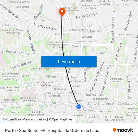 Porto - São Bento to Hospital da Ordem da Lapa map