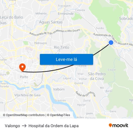 Valongo to Hospital da Ordem da Lapa map