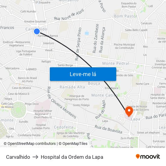 Carvalhido to Hospital da Ordem da Lapa map