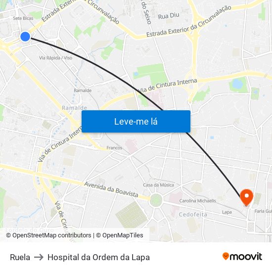 Ruela to Hospital da Ordem da Lapa map