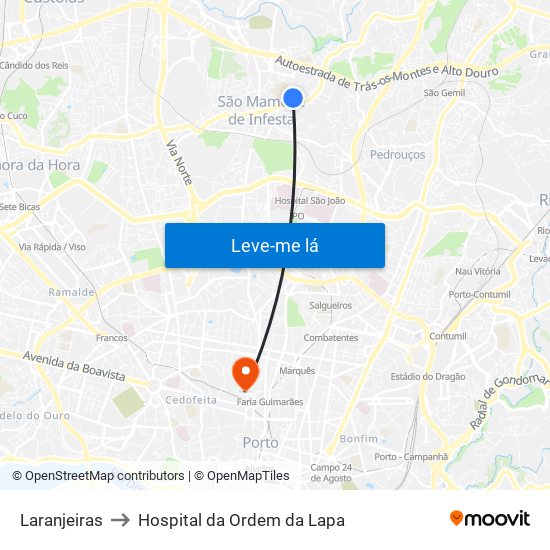 Laranjeiras to Hospital da Ordem da Lapa map