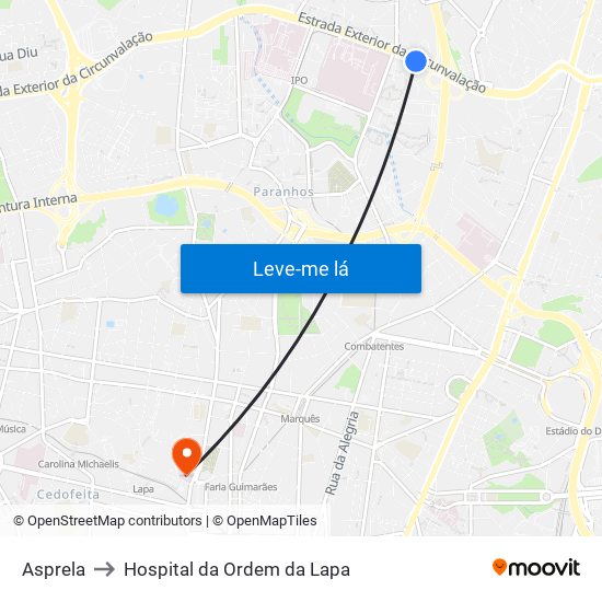 Asprela to Hospital da Ordem da Lapa map
