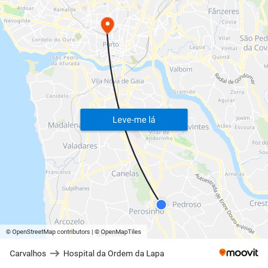 Carvalhos to Hospital da Ordem da Lapa map
