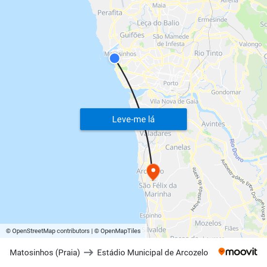Matosinhos (Praia) to Estádio Municipal de Arcozelo map