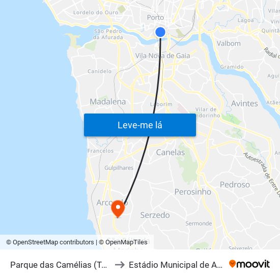 Parque das Camélias (Terminal) to Estádio Municipal de Arcozelo map