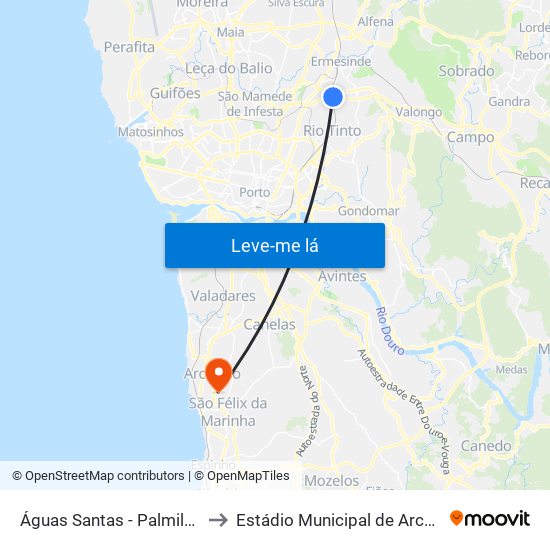 Águas Santas - Palmilheira to Estádio Municipal de Arcozelo map