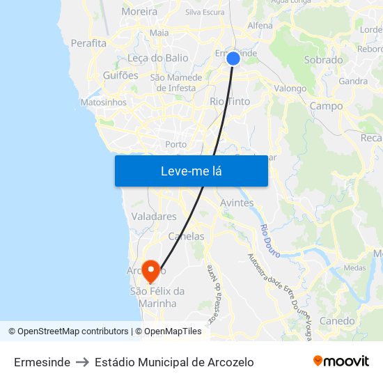 Ermesinde to Estádio Municipal de Arcozelo map