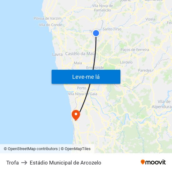 Trofa to Estádio Municipal de Arcozelo map
