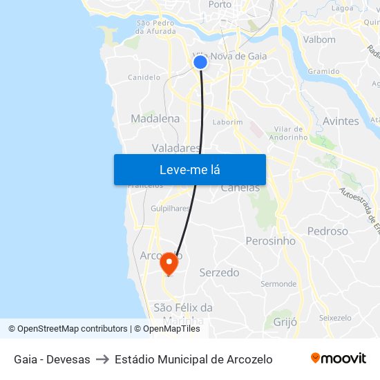 Gaia - Devesas to Estádio Municipal de Arcozelo map