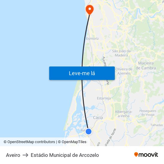 Aveiro to Estádio Municipal de Arcozelo map