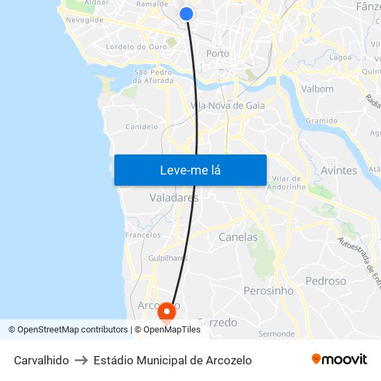 Carvalhido to Estádio Municipal de Arcozelo map