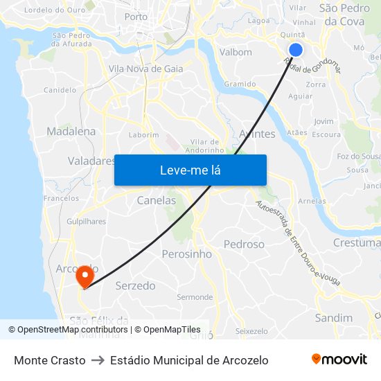 Monte Crasto to Estádio Municipal de Arcozelo map