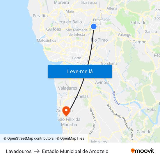 Lavadouros to Estádio Municipal de Arcozelo map