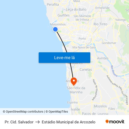 Pr. Cid. Salvador to Estádio Municipal de Arcozelo map