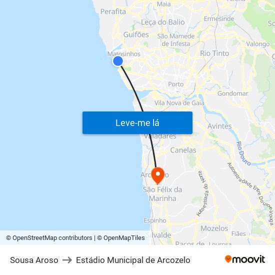 Sousa Aroso to Estádio Municipal de Arcozelo map