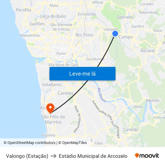 Valongo (Estação) to Estádio Municipal de Arcozelo map