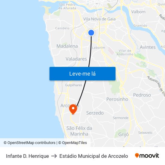 Infante D. Henrique to Estádio Municipal de Arcozelo map