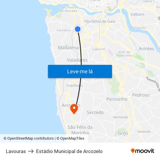 Lavouras to Estádio Municipal de Arcozelo map